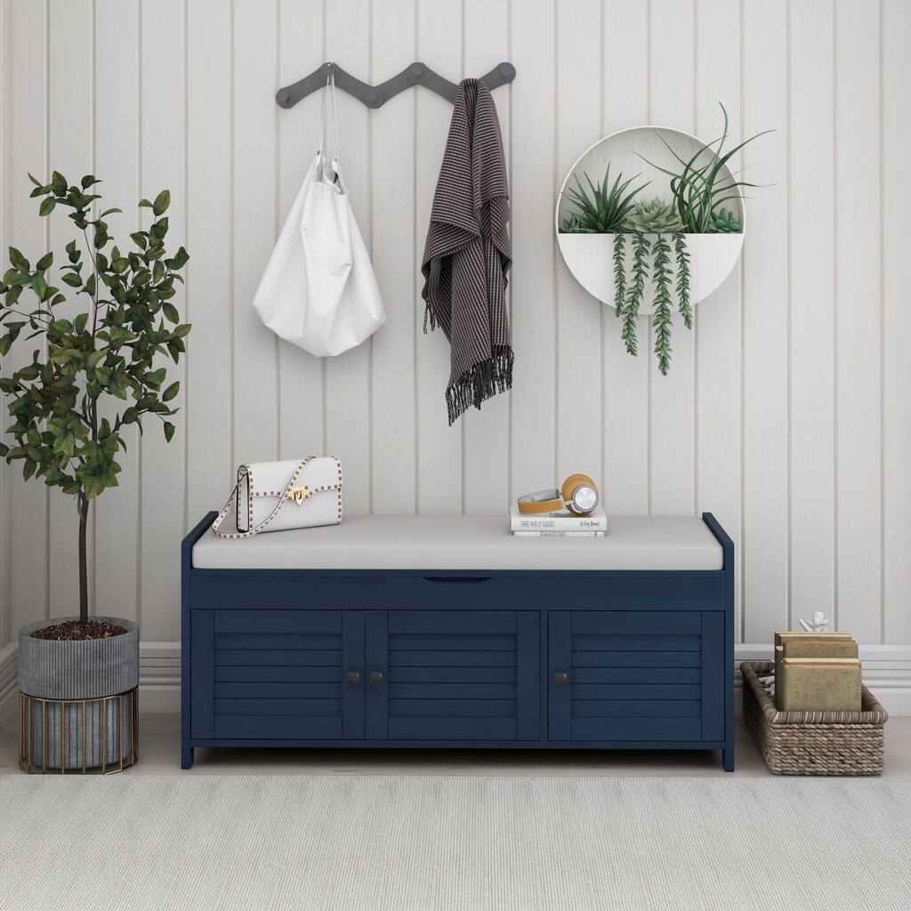 Entryway Storage Bench with Adjustable Shelves & Removable Cushion