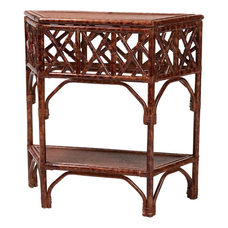 Gaspar Marbled Tortoise Natural Rattan Console Table - Handcrafted Accent Table with Chippendale Design, Coastal Tropical Style - Marbled Tortoise Brown