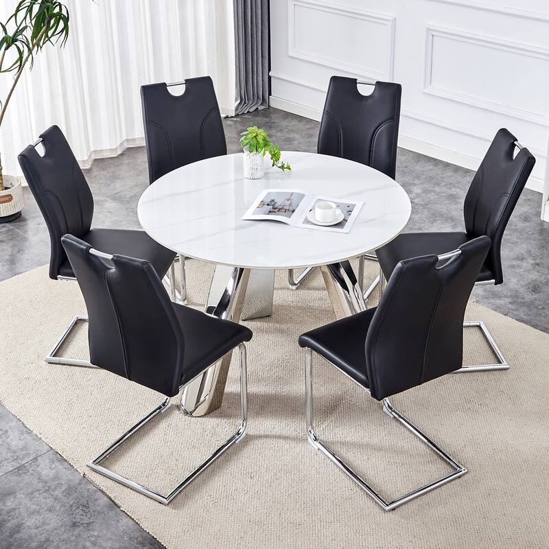 42" Sintered Stone Dining Set Brushed Silver Steel Base 4 PU Upholstered Chairs Modern Luxury Round Table Collection