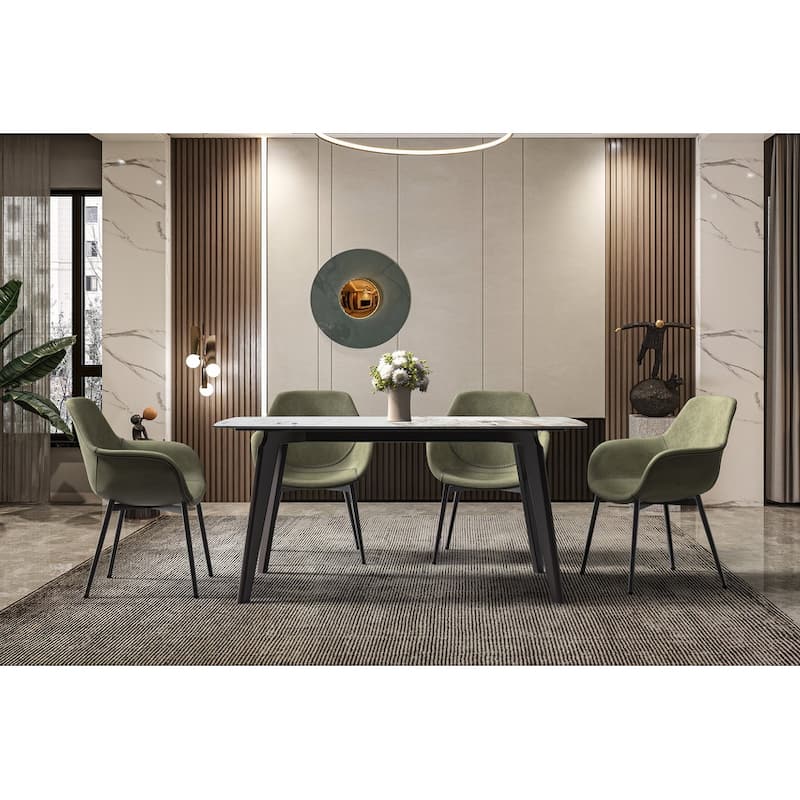 Krevor Modern Dining Table with Rectangular Sintered Stone or Glass Wide Tabletop and Black Steel Base