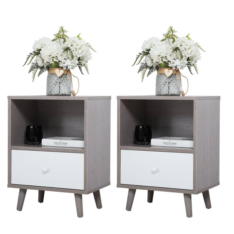 Pine Wood Morden Single Drawer Nightstand Side Table(Set of 2)