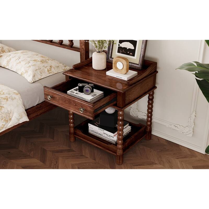 Retro Style Nightstand with Drawer & Open Shelf - Turned Legs Bedside Table with Metal Handle (Walnut)