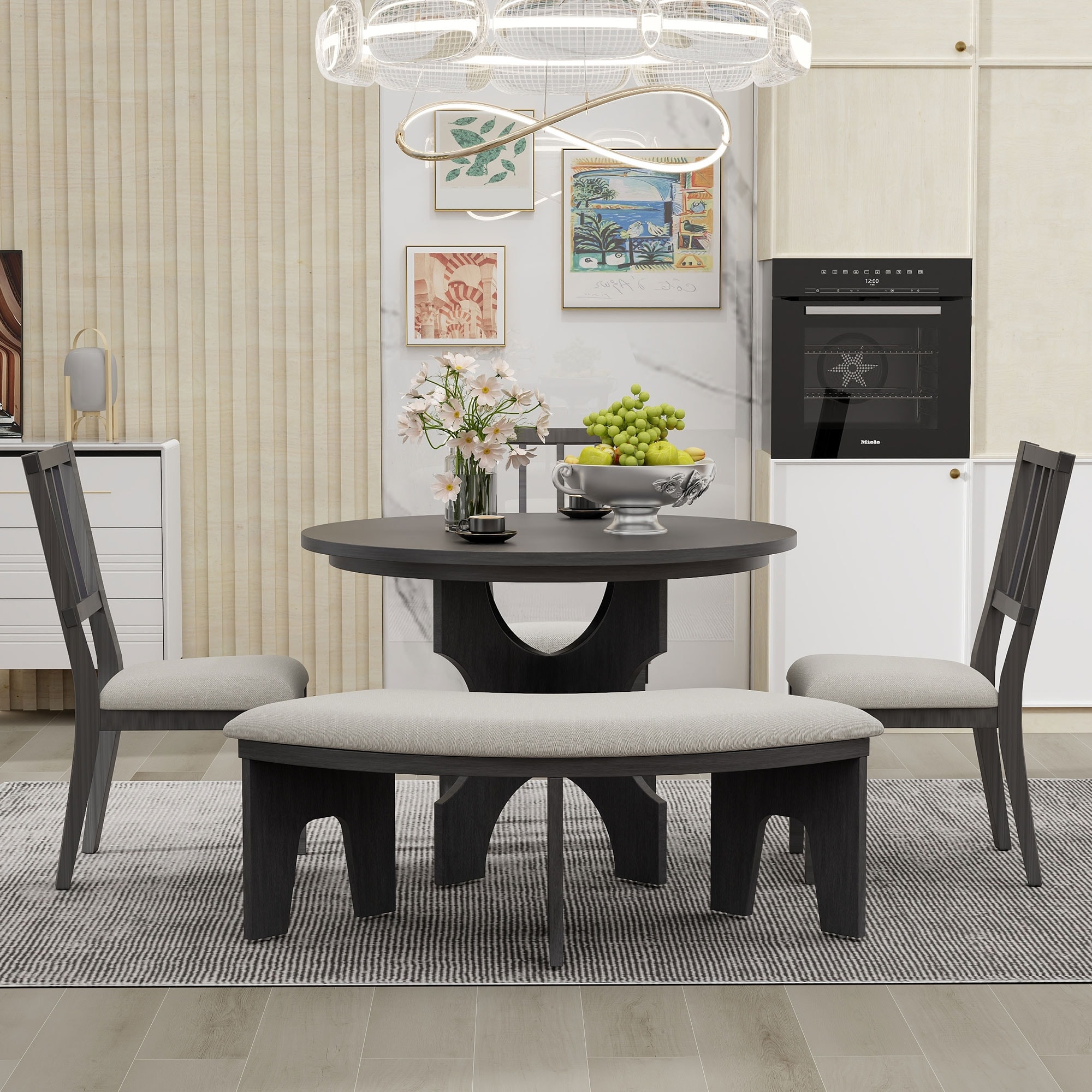 5 Piece Wooden Round Dining Table Set w Curved Bench Side