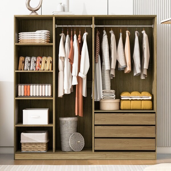 Natural Doorless Wooden Storage Wardrobe with Drawers, Clothing