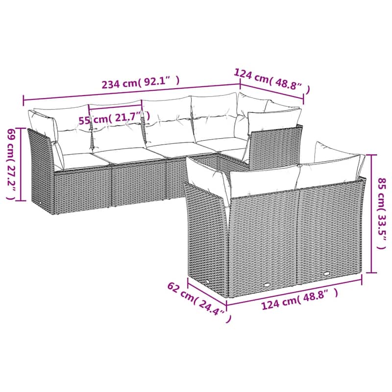 vidaXL Patio Sofa Set with Cushions Outdoor Furniture 7 Piece Poly Rattan - 24.4 x 24.4 x 27.2