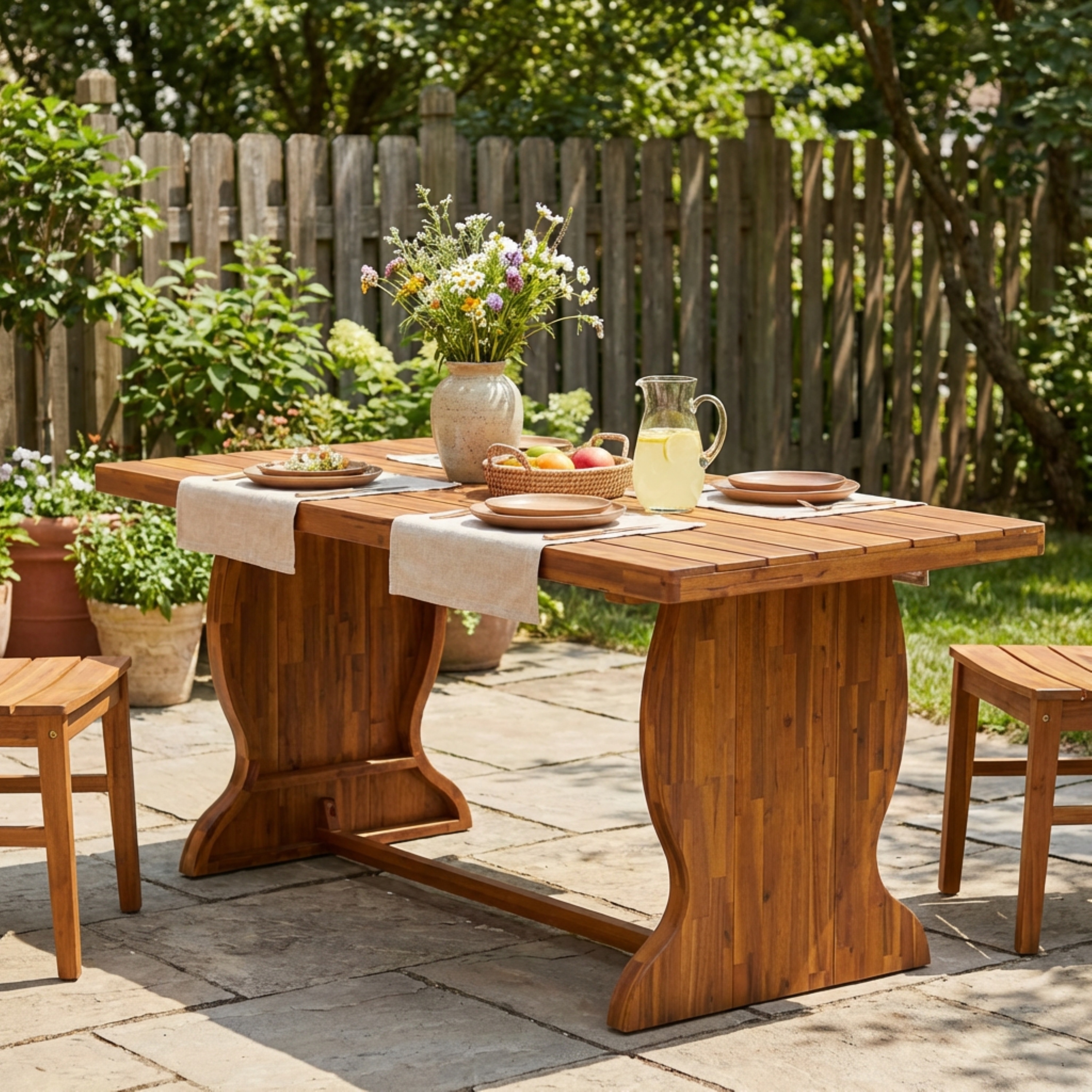 Christopher Knight Home Thalorin Vietnamese Acacia Wood Outdoor Dining Table with Fishtail Legs and Slatted Top