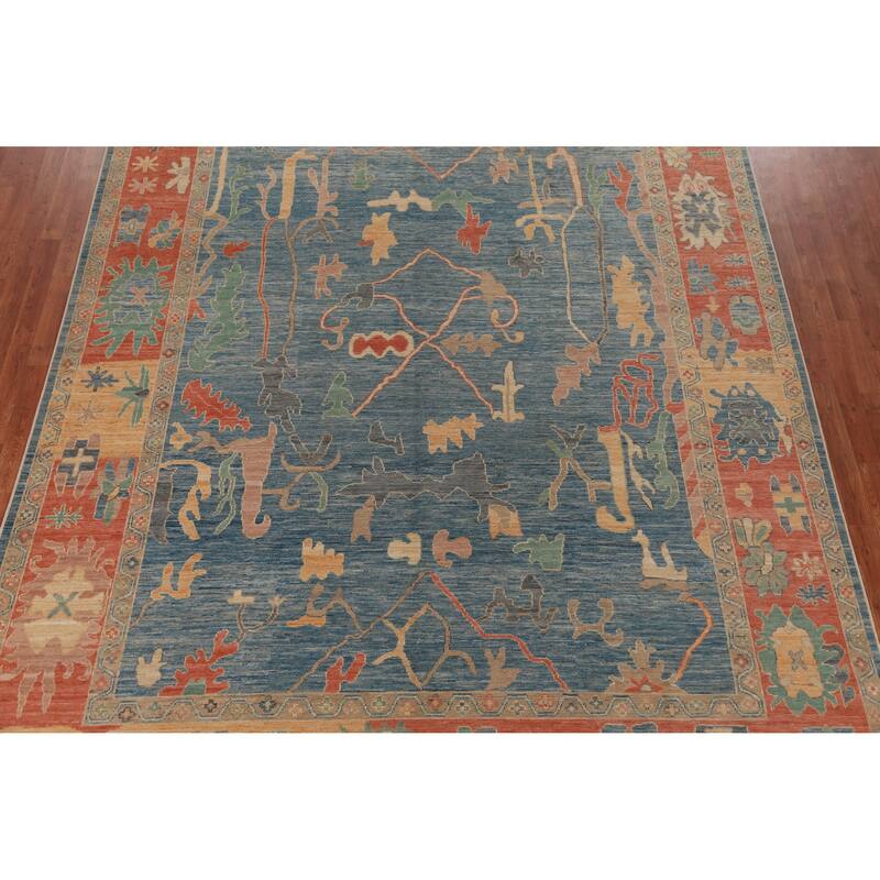 Vegetable Dye Blue Oushak Turkish Area Rug Hand-Knotted Wool Carpet - 9'3" x 12'3"