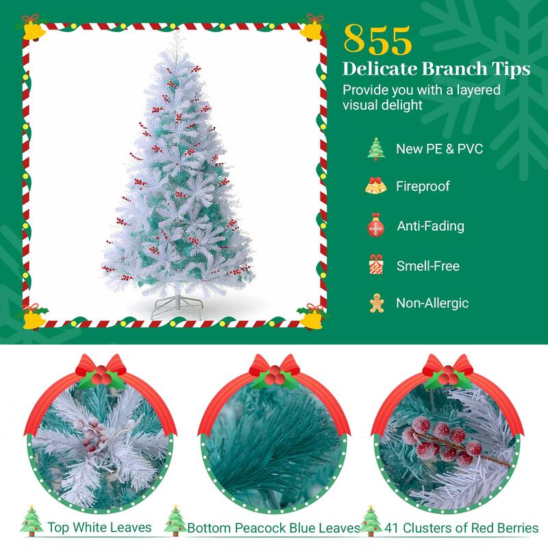 Costway 6 FT Pre-lit Artificial Christmas Tree with 599 Branch Tips & - Peacock Blue & White