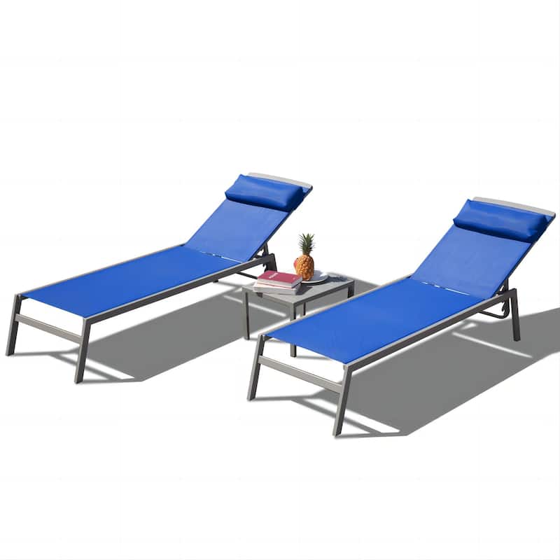Patio Chaise Lounge Set of 3, Lounge Chairs with 5 Adjustable Positions, Chaise Lounge (2 Lounge Chairs+1 Table) - Blue