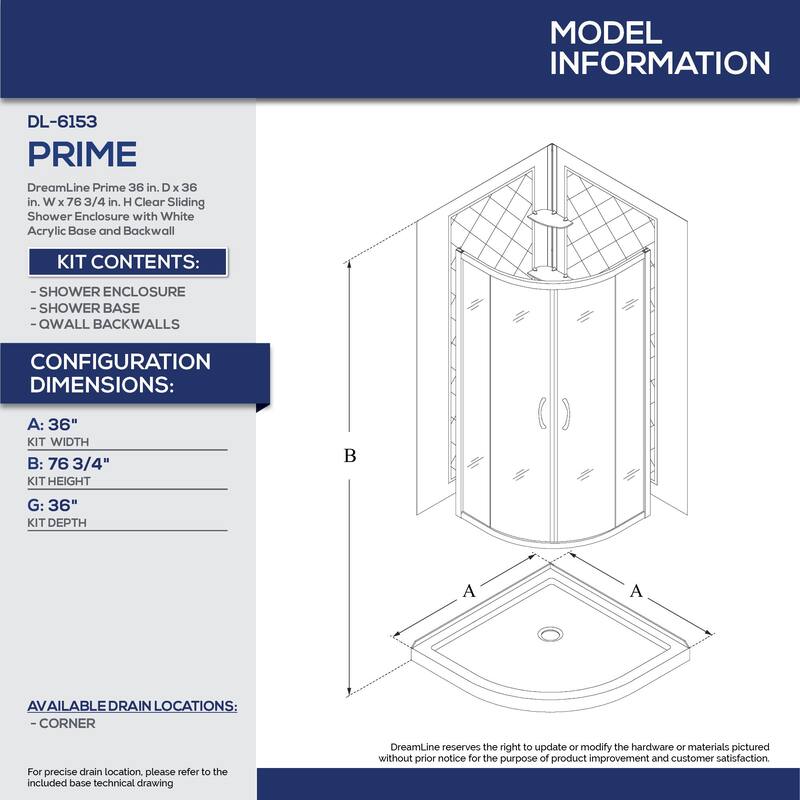 DreamLine Prime 36 in. x 36 in. x 76 3/4 in. H Shower Enclosure, Shower Base and Acrylic Backwall Kit - 36" x 36" - 36" x 36"