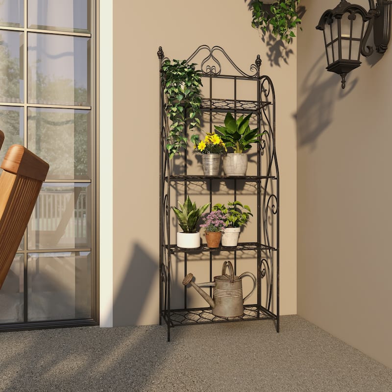 Metal Scroll Indoor Outdoor Tall Folding 4 Shelf Bakers Rack - Black - Roche River Decor
