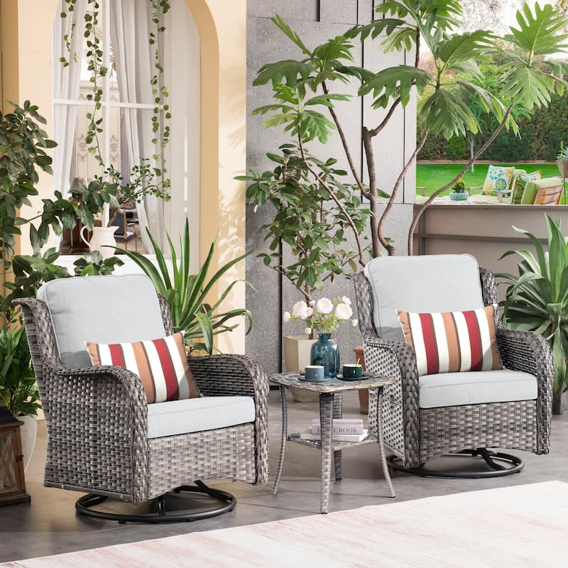 OVIOS 3-piece Patio Wicker Swivel Chair Set - Grey-Grey Wicker