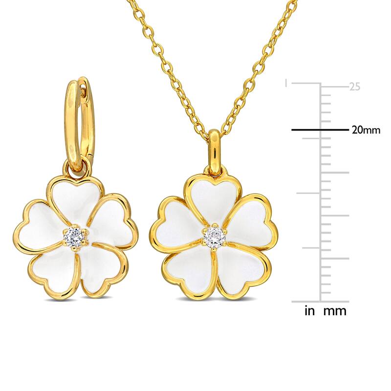 Miadora 1/4ct TGW White Topaz White Enamel Flower Necklace Earrings in Yellow Plated Sterling Silver