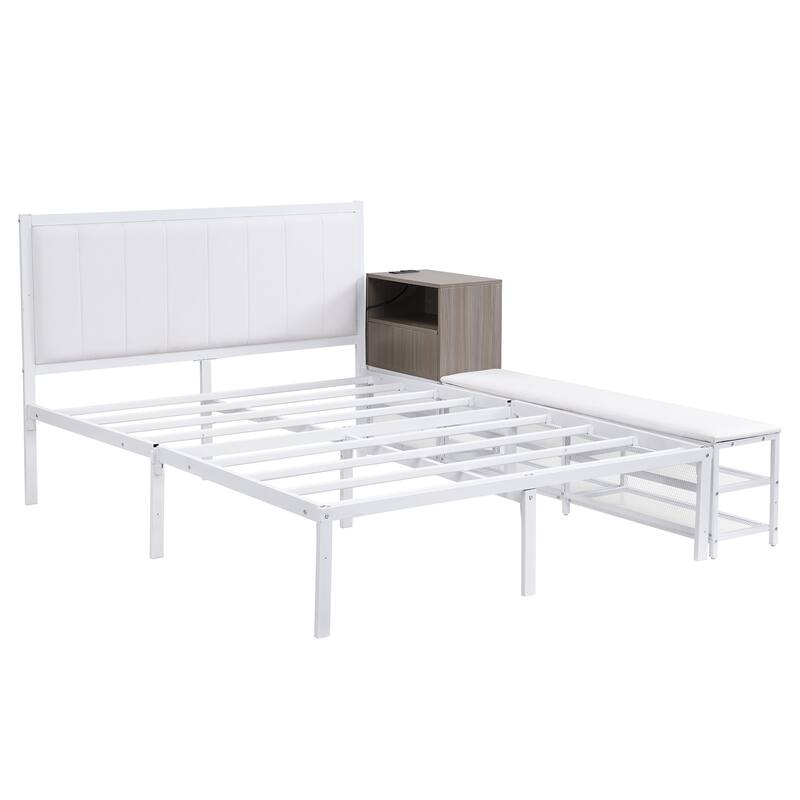Metal Platform Bed with Two-Tier Storage Shelves and Wooden Cabinet, White