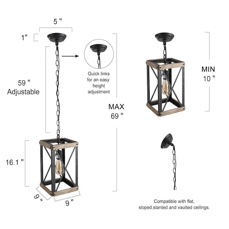 Modern Farmhouse 1-Light Wood Pendant Rustic Island Lights for Dining Room