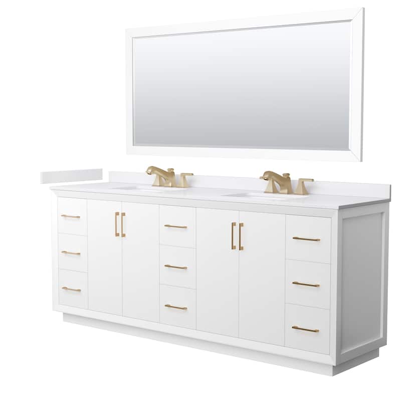 Wyndham Collection WCF4141-84D-VCA-US3M70 Strada 84" Free Standing - White / White Cultured Marble Top / Satin Bronze