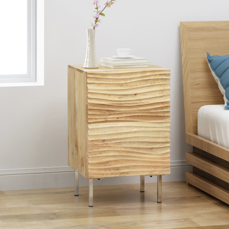 18" Retro Natural Wood Design Nightstand with Small Cabinet