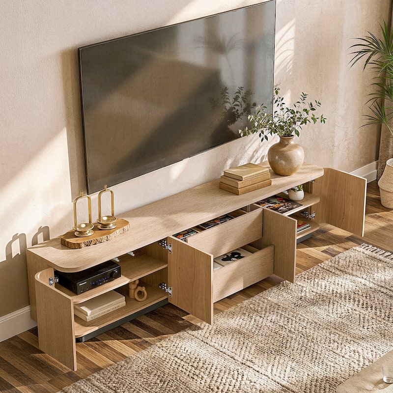 Modern Oak Wood TV Stand with 2 Drawers and Cabinets, 86.6" Long Media Console with Push-to-Open Doors, Anti-Tip Safety Design