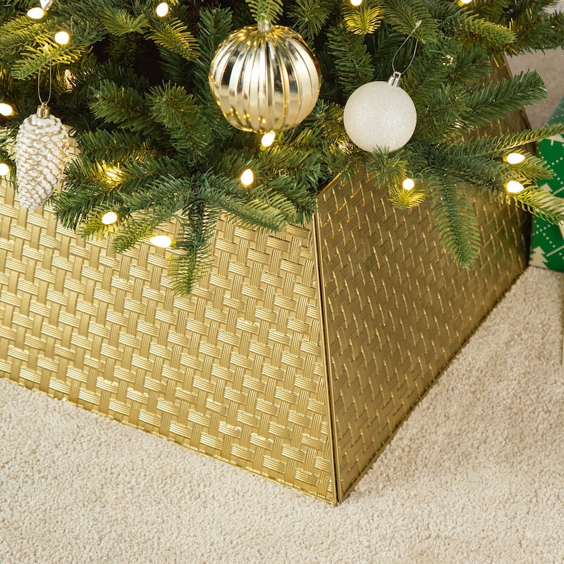 Glitzhome 25.75"L Trapezoid Glossy Metal Weave Christmas Tree Collar - 25.5"L