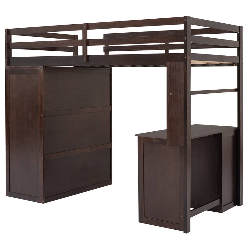 Loft Bed Versatile Storage Bed Frame with Wardrobes, Desk, 3 Drawers, Solid Pine Wood Frame with Full-length Guardrail