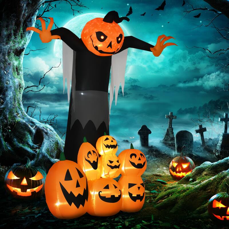 HOMCOM 9ft Halloween Inflatables, Pumpkin Ghost with Pumpkin Patch, Outdoor Giant Blow Up Yard Decoration with Build-in LED - Black