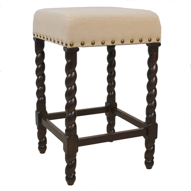 24" Beige Brown Nailhead Trimmed Counter Stool with Barley Twist Legs