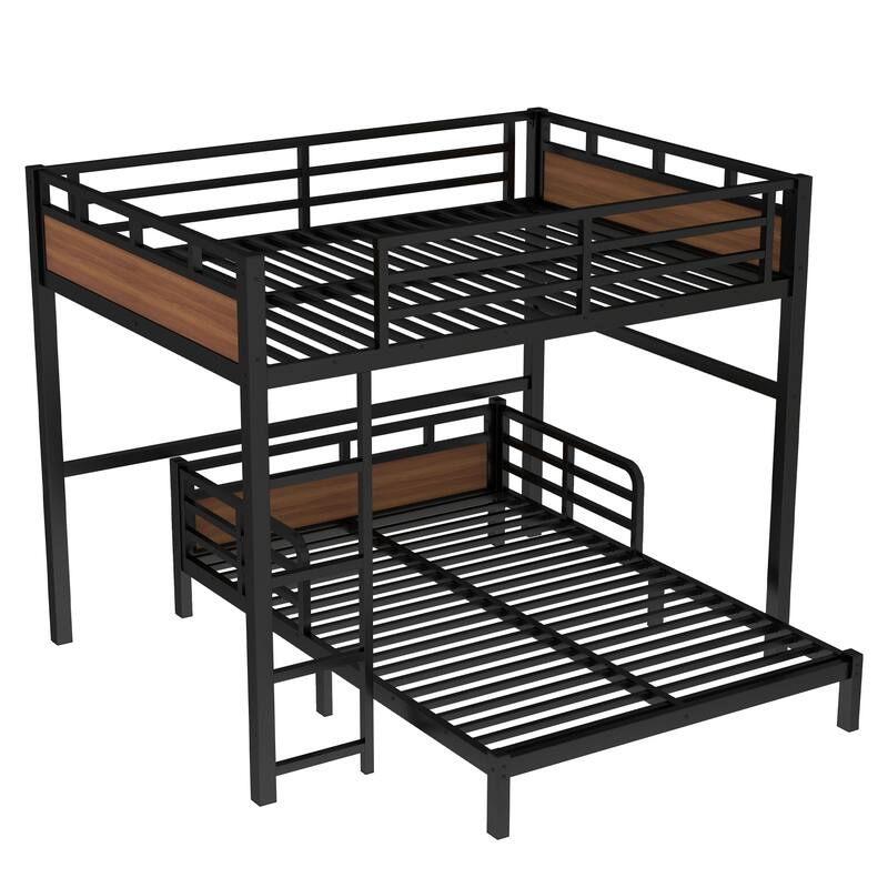 Full XL over Full XL Metal Bunk Bed with Security Fence, Walnut Color, Space-Saving Design