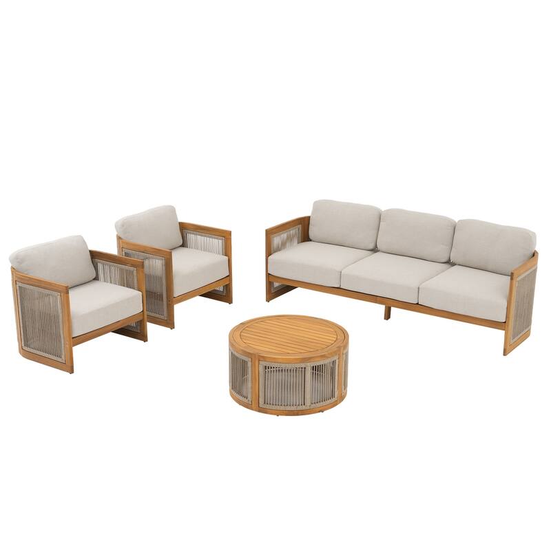 Outdoor 4-Piece Wooden Sofa Conversation Set With Cushions