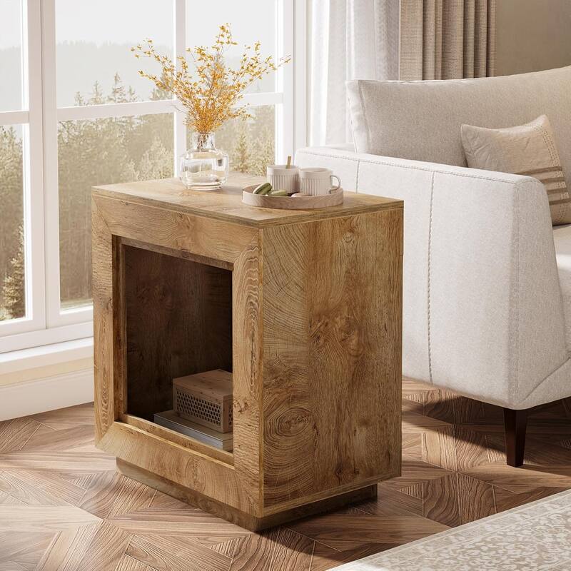 24" Rustic 2-Tier End Table, Side Table with Storage Shelf, Sofa Nightstand for Living Room, Bedroom, Entryway