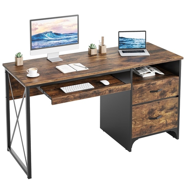 55 inch Computer Desk with Keyboard Tray and Storage Drawers On