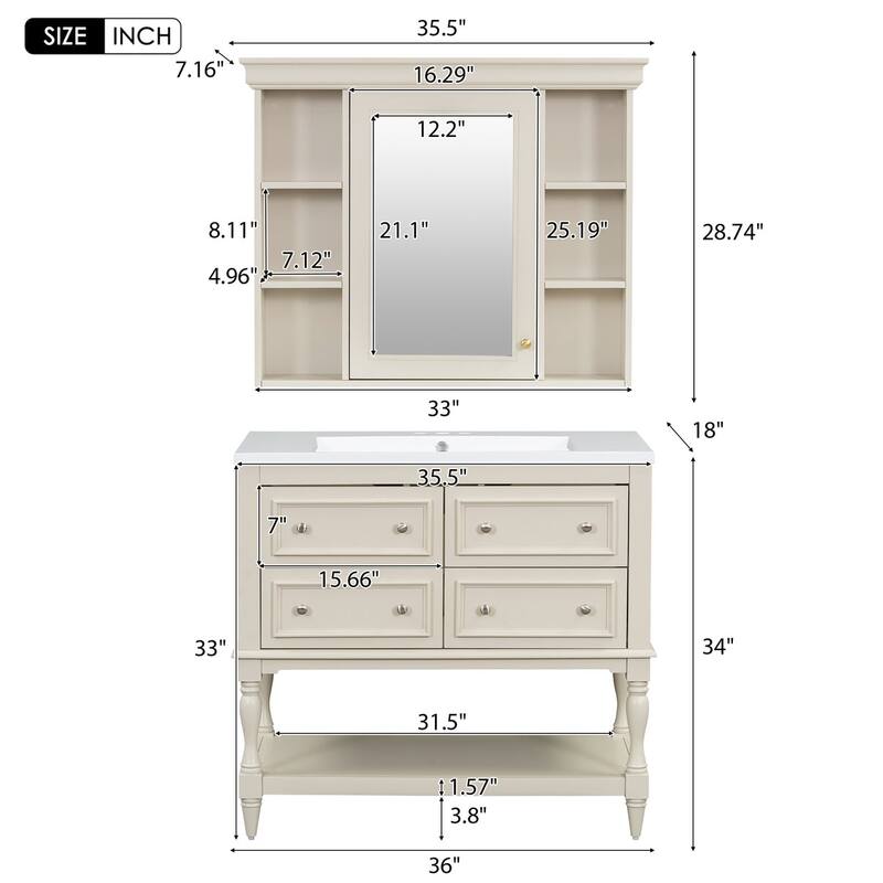 36 inch MDF Freestanding Bathroom Vanity Set with Integrated Resin Sink with Mirror cabinet