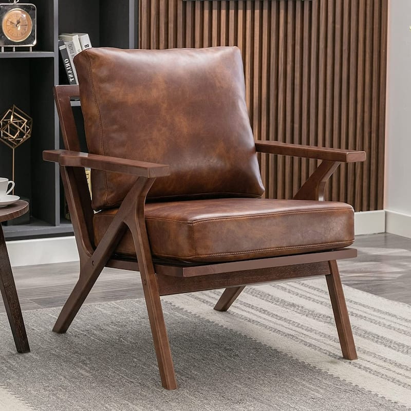 Ebello Upholstered Leather Accent Armhair with Solid Wood Frame and Removable Cushions - Brown