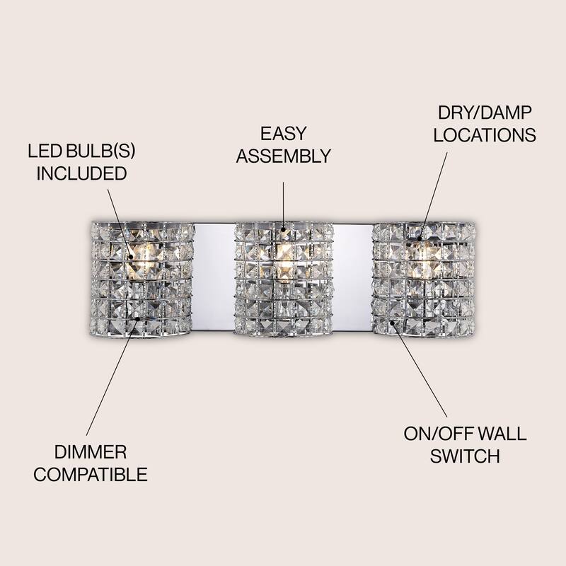 Jayne Deco 3-Light Metal/Crystal Classic Glam LED Vanity Light, by JONATHAN Y