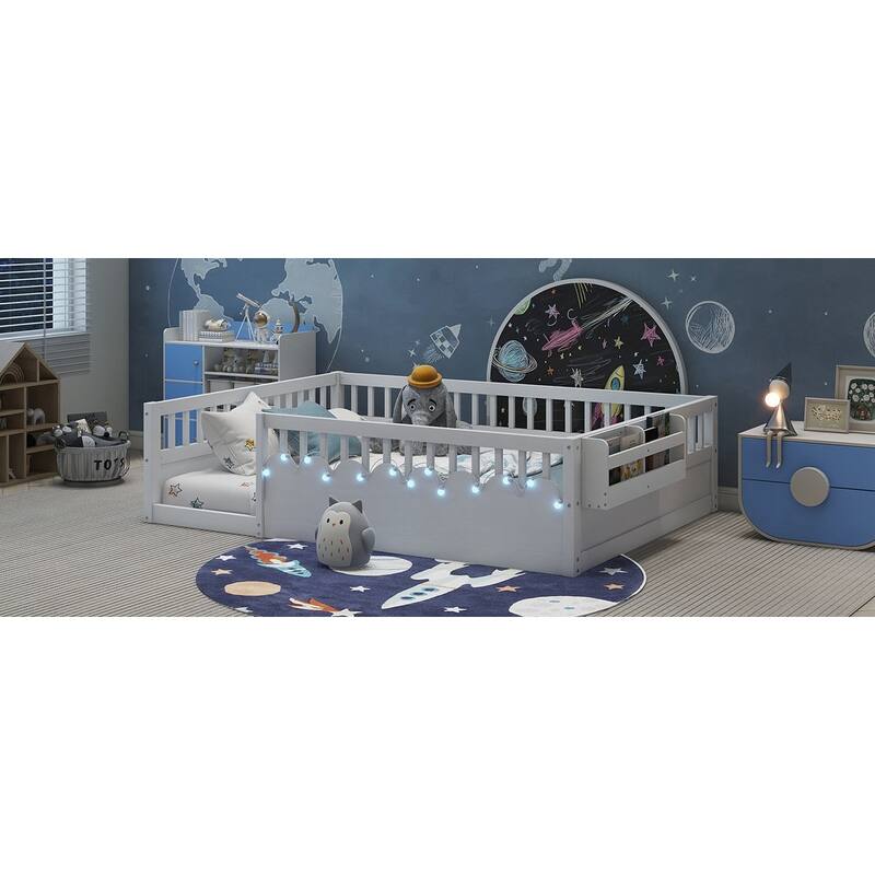 Montessori Floor Bed Frame with with Light and Storage Shelf