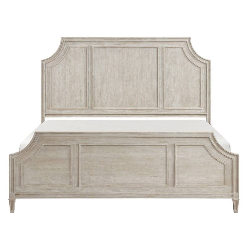 Queen Size Oak Panel Bed with Curved Traditional Headboard and Wire-Brushed Finish