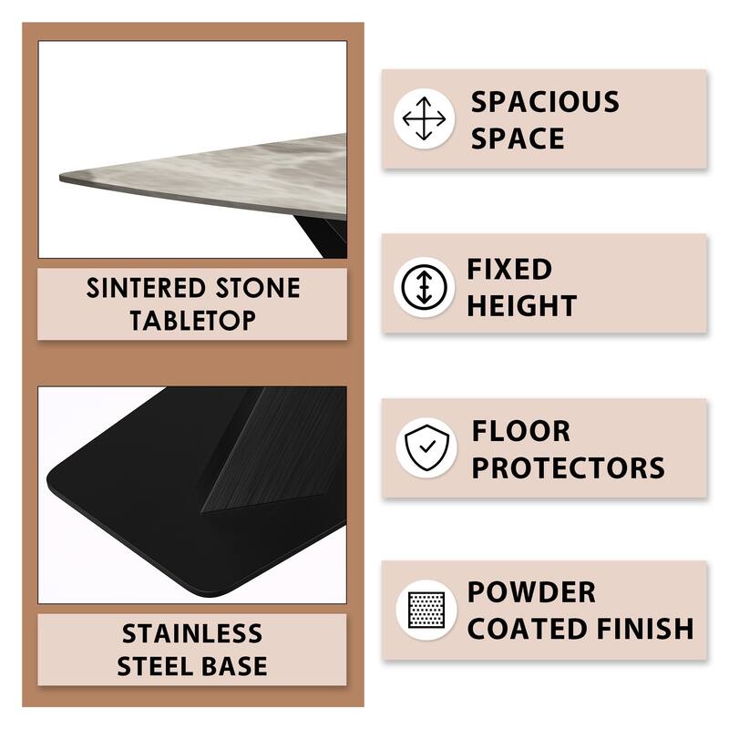 Voren Dining Table with Stone or Glass Tabletop in Black Steel Base