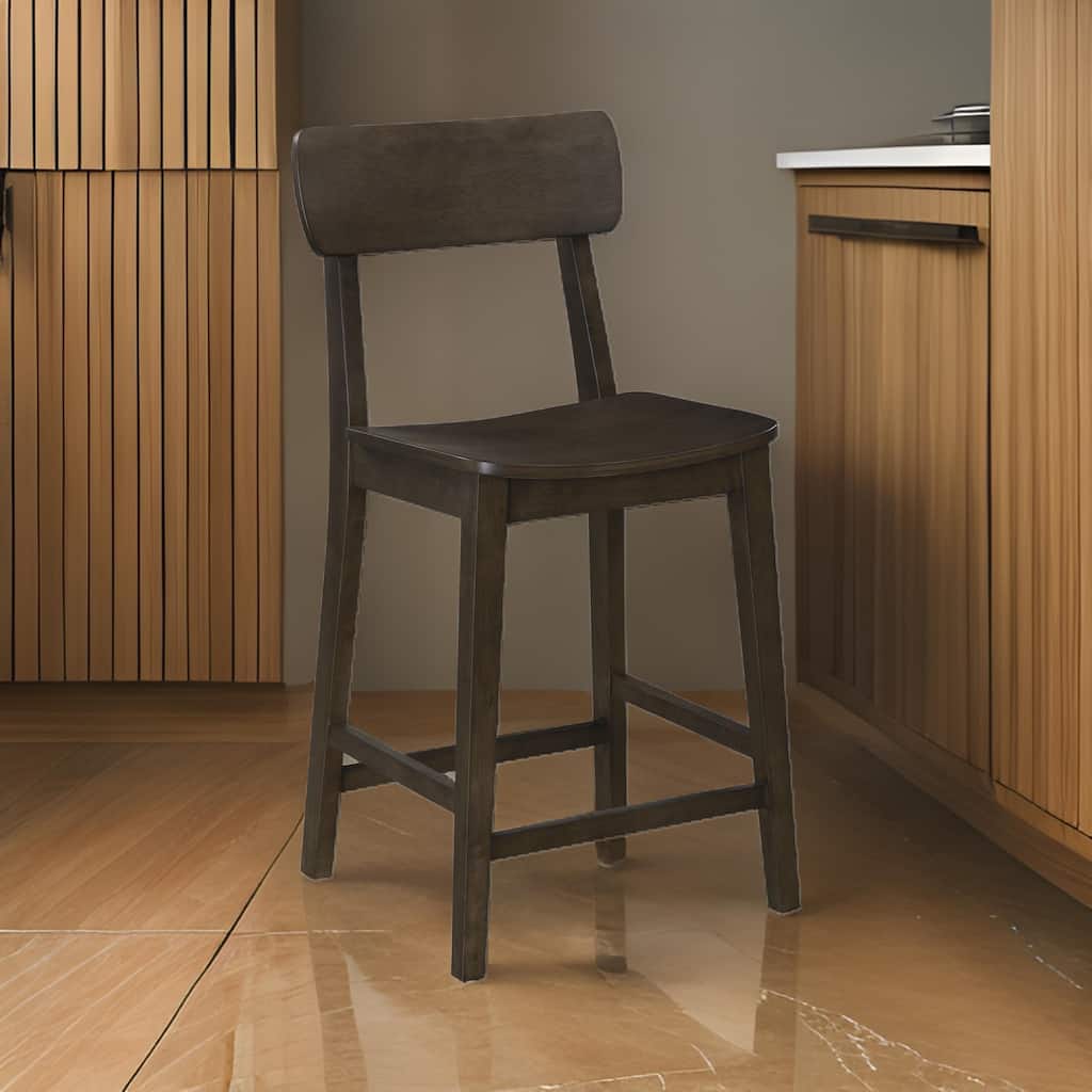 24 Inch Counter Stool Chair, Rubberwood Curved Back and Seat, Dark Gray