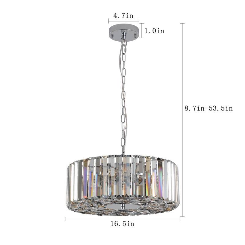 Modern 17" Chrome Crystal Pendant Chandelier, 4 - Light Adjustable E26 Hanging Light for Home (No Bulbs) - Transparent