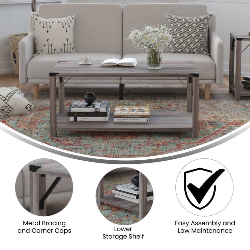 2-Tier Coffee Table with Metal Side Braces and Corner Caps