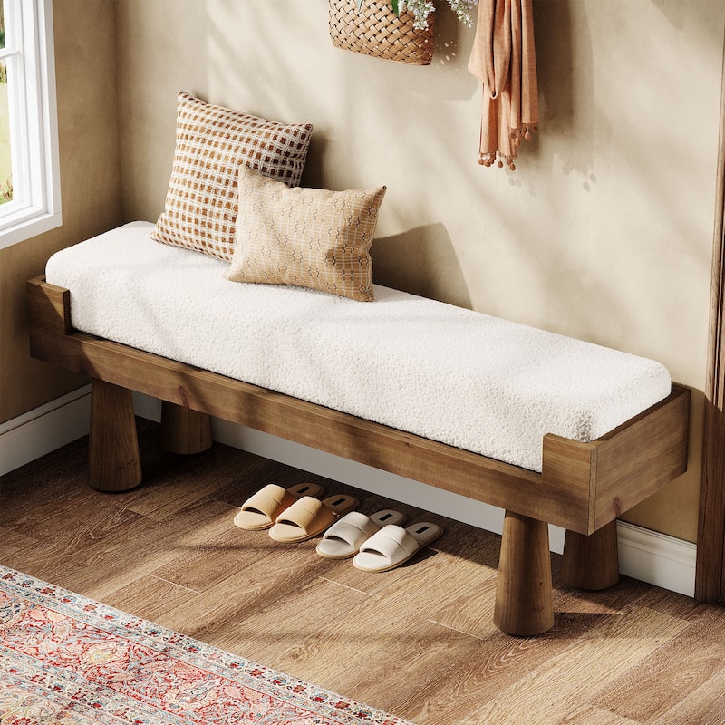 Solid Wood Bench with Cushion, 47.2'' Modern Bench for Bedroom Entryway