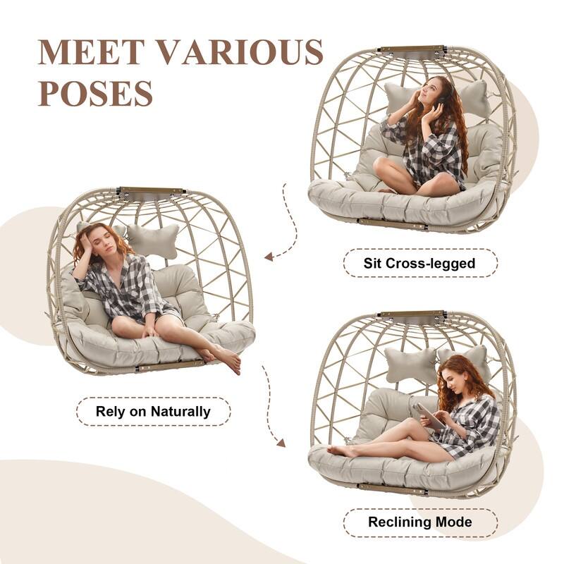 Oversized Outdoor Double Egg Hanging Chair with Cushions, 700 lbs Capacity Swing Chair for Indoor or Patio