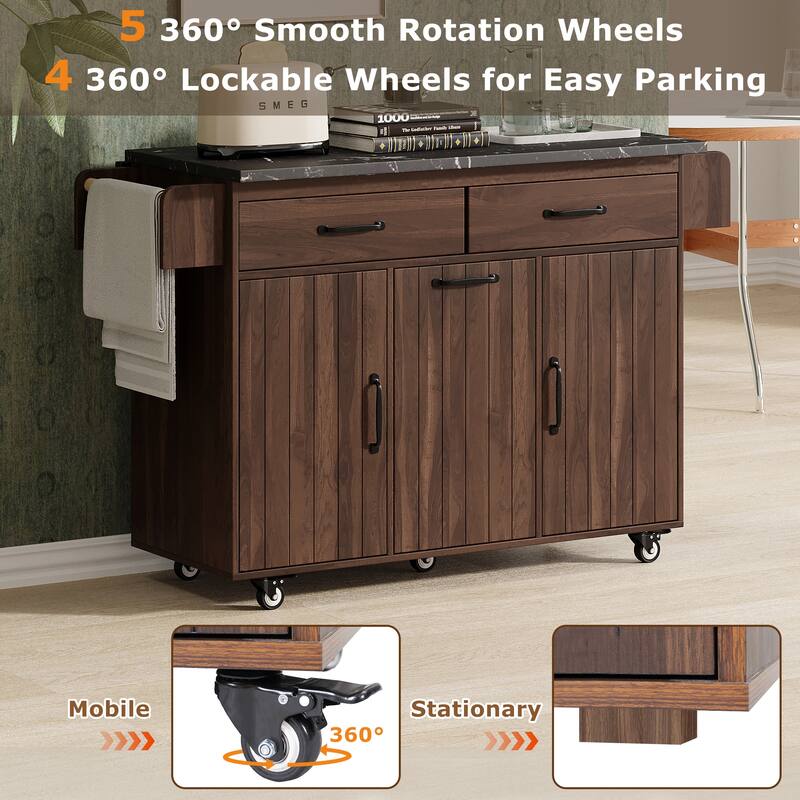 51.06'' Particle Board Kitchen Island with Drop Leaf, RollingWheels, Spice Rack, Towel Rack and Drawers