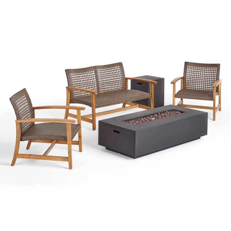 Augusta Outdoor Acacia Wood and Wicker 4 Seater Chat Set with Fire Pit by Christopher Knight Home