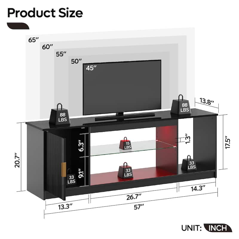 Bestier 57 in. TV Stand Fit TV Up to 65 in., LED Entertainment Center with Cabinet and Adjustable Shelf