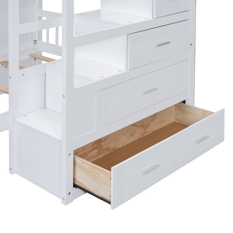 White Full Over Twin Bunk Bed with Wardrobe and Drawers, Space-Saving Design
