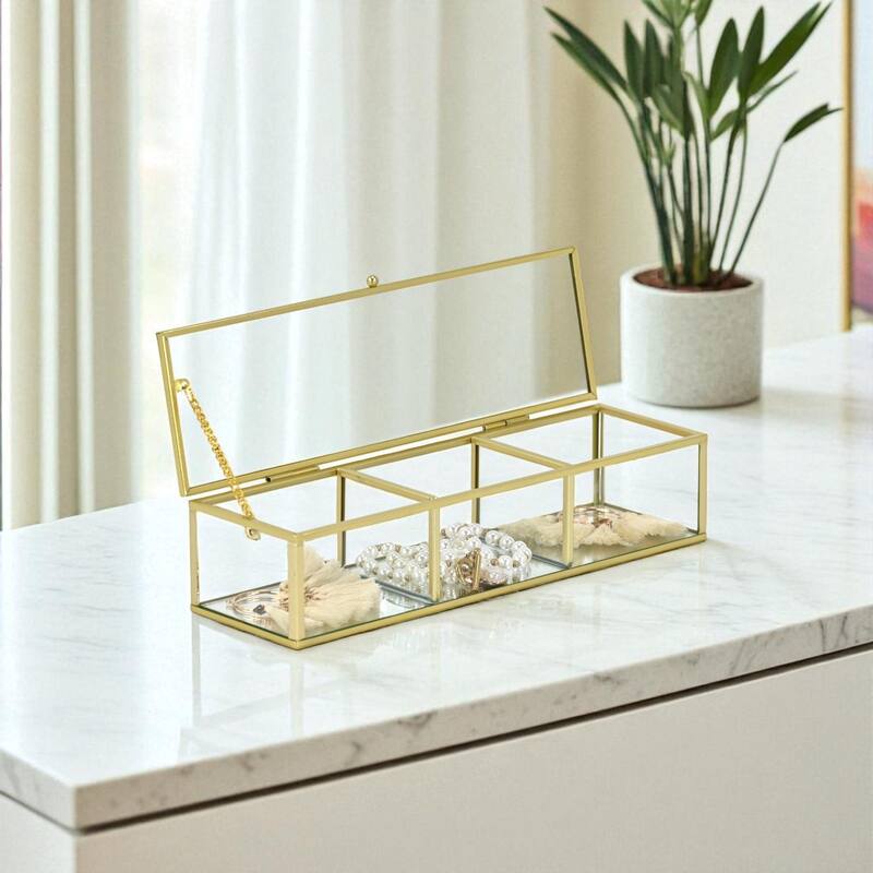 Verena 10.6" Mirrored Glass Display Box with 3 Compartments - N/A - Gold