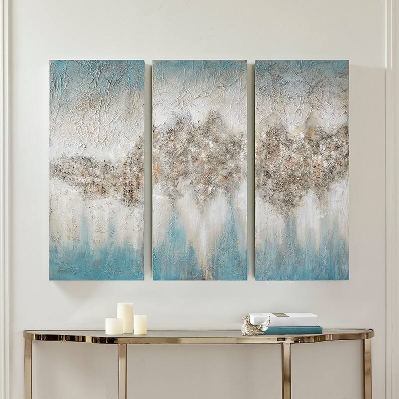 Heavily Embellished 3-piece Canvas Wall Art Set - Blue
