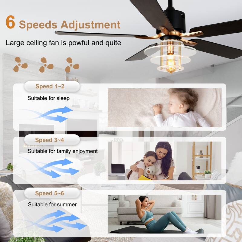 Bella Depot 52" Modern Ceiling Fan with Light and Remote 6-Spped Reversible Fan