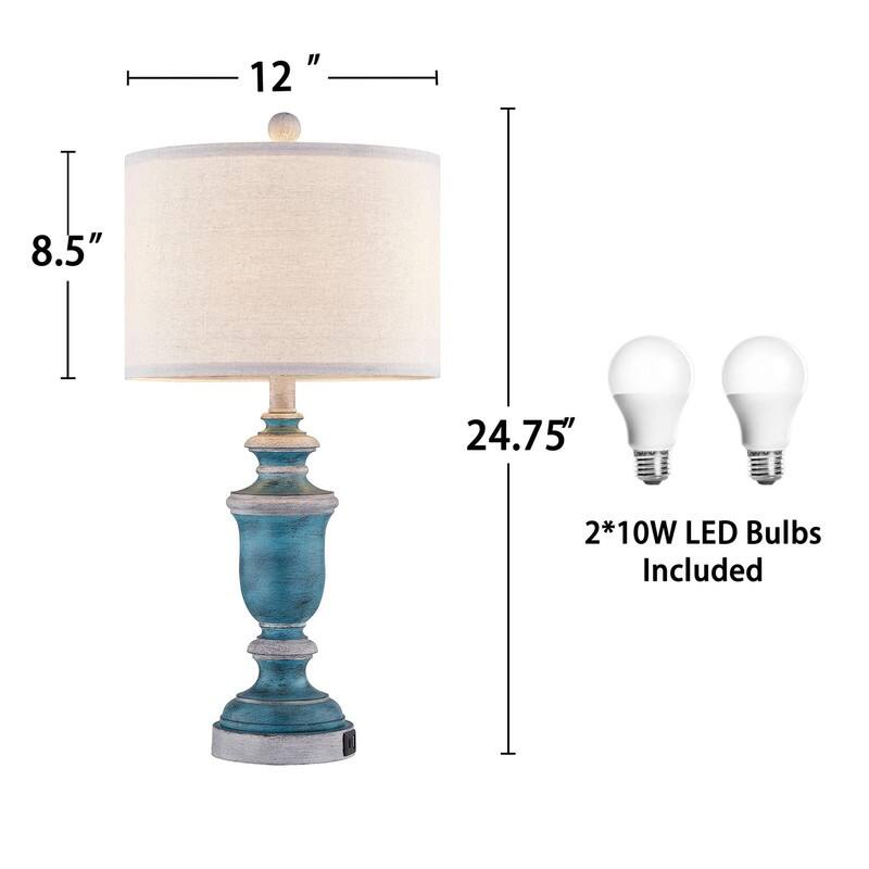 KAWOTI 24" Farmhouse Table Lamp Set with USB Ports(Set of 2) - W12" x H24.75"