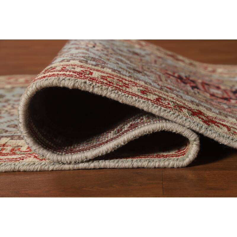 Hand Knotted Oriental 100% Wool Carpet Traditional Geometric Navy Blue & Blues Heriz (serapi) Runner Rug - 8' 1'' X 2' 5''
